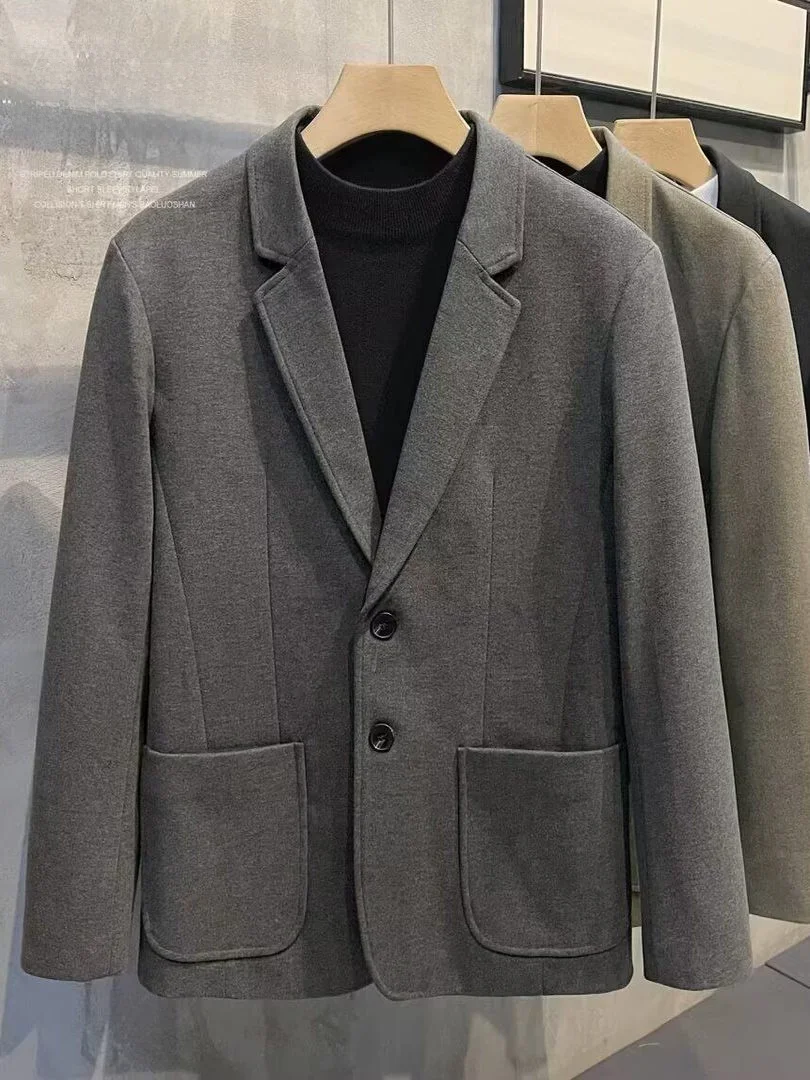 

Winter Warm Woolen Men's Suit Jaet Retro Single Button Casual Korean Sle Loose Fit Polyester Fabric Long Sve Coat