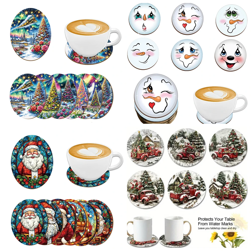 

6pcs Christmas Wooden Coasters for Home Office Decor, Decorative Cup Mats for Christmas Decoration, Christmas Gifts for Friends