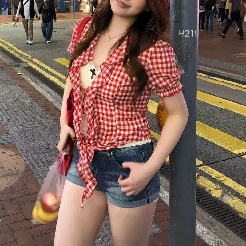 Women's Y2K Short Sleeve Top Plaid Cardigan Shirt Blouses Casual Summer Tops Trend 2000s Streetwear view 2