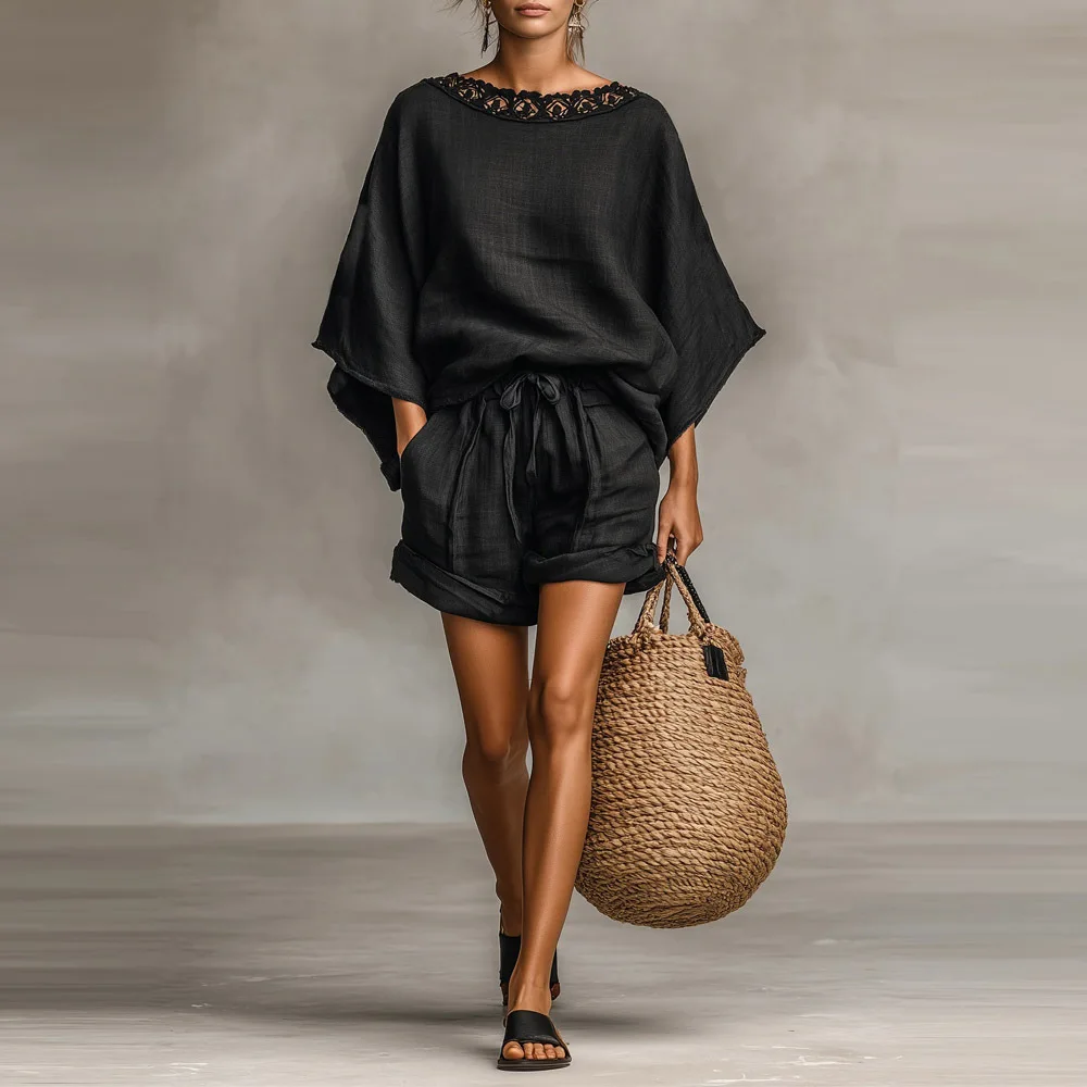 

Round Neck Lace Patchwork Loose, Simple, Fashion Top With Tie Up High Waisted Shorts Two-piece Set For Women's Summer Casual Set