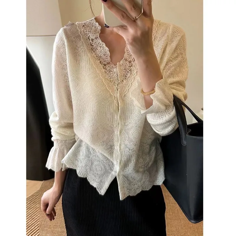 Topenomi Lace V Neck Knitted Cardigan Women Spring Autumn Gentle Solid Long Sleeve Sweater Coat Transparent Design Ladies Tops