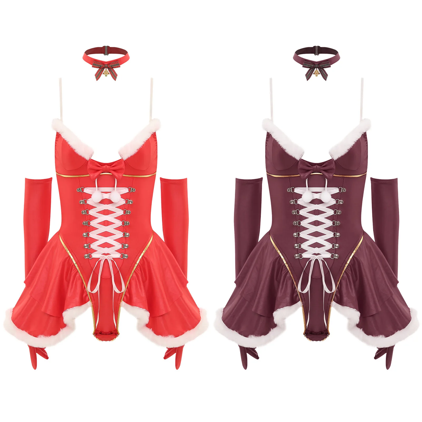 3Pcs Christmas Lingerie Sets Role Play Dress Sleeveless Lace-up Tutu Dress Bodysuit with Opera Gloves And Choker Nightwear Set