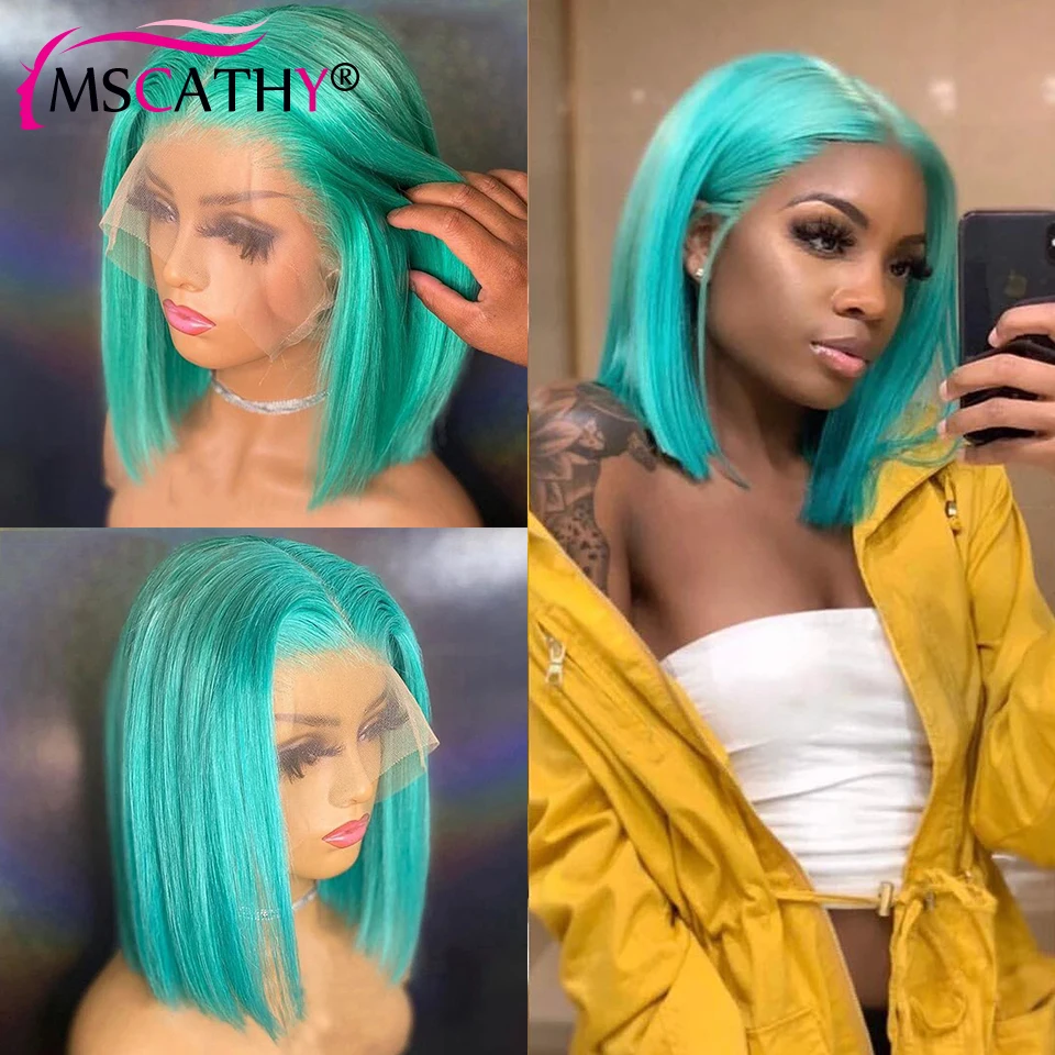 Perruque Bob Lace Front Wig naturelle lisse, cheveux courts, couleur vert menthe, blond 613, HD, pre-plucked, pour femmes