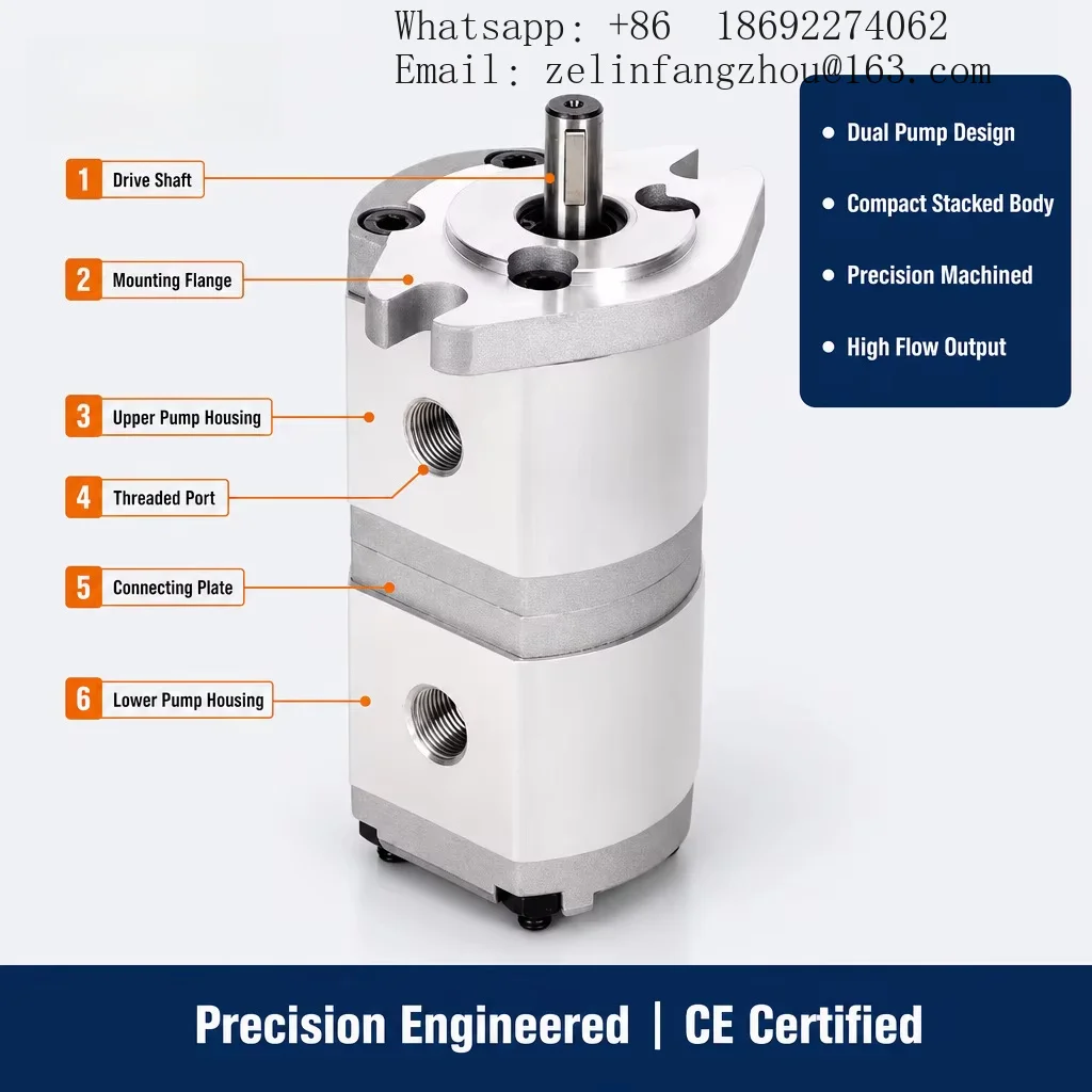 Tandem Hydraulic Gear Pump High Pressure Dual Stacked Unit Keyed Steel Shaft Aluminum Flange Mount Electric Heavy Duty