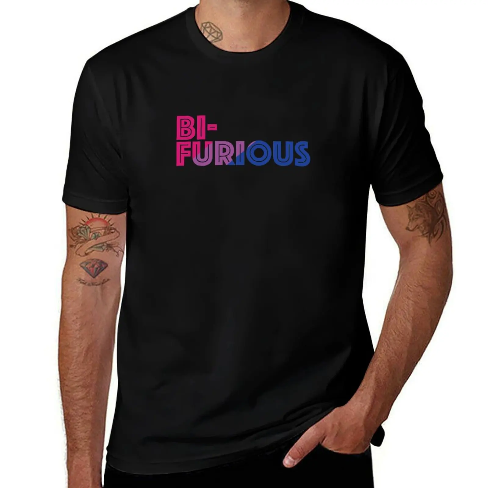 

Bifurious, Bicurious, Bisexual, Bi T-Shirt hippie clothes blue archive workout shirts for men