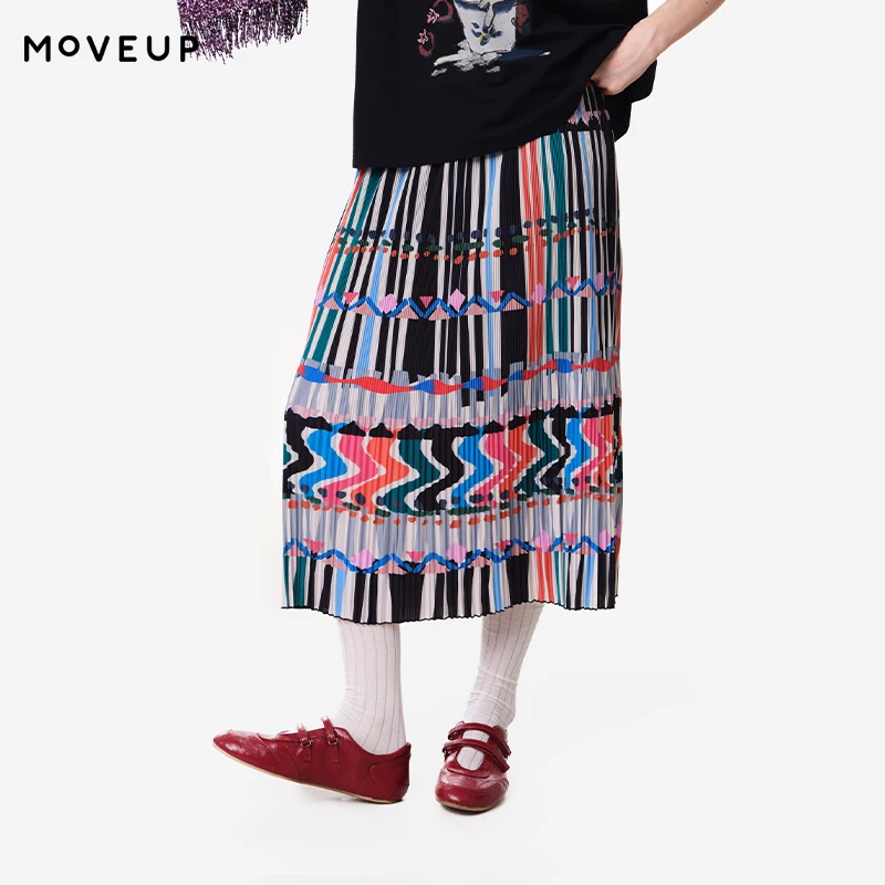 MOVEUP Casual Contrasting Half Skirt 2026 Summer New Elastic Waist Dopamine Printed Pleated Office A-Line Half Skirt 3ELX20607