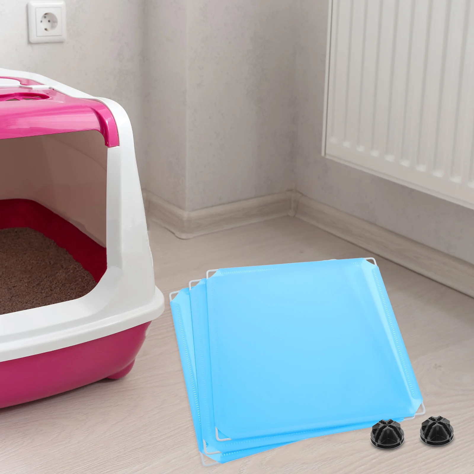 

3pcs Cat Litter Box Enclosure Splash Guard Large Privacy Protector Blue Pattern Black Clips Easy Clean Pet Supplies