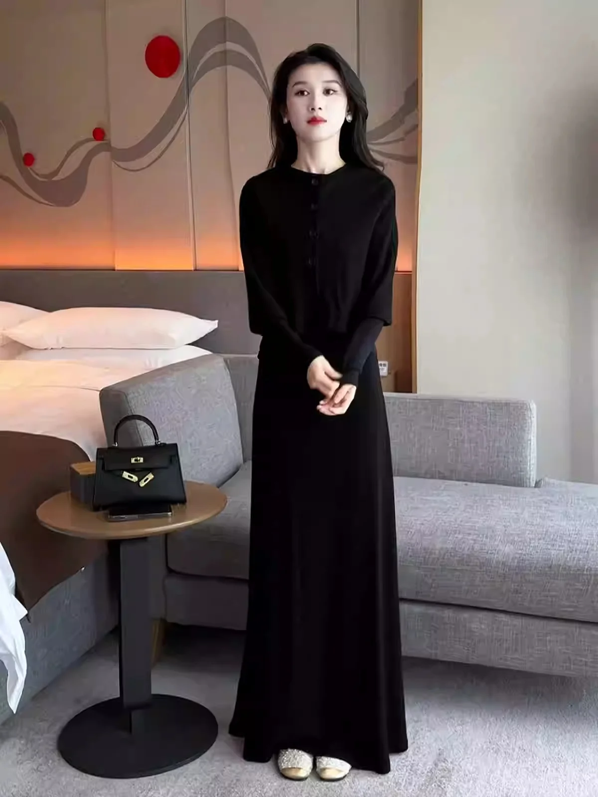 

Ele Heirloom Sle Вязаный свитер и комплект юбки Высокая модная зимняя одежда Длинная све круглая Ne Повседневная одежда