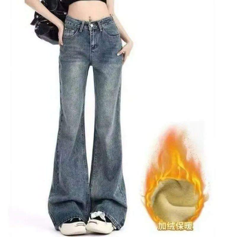 

Американские женские джинсы-клеш из плотного денима с высокой талией, однотонные, осенние, повседневные, в ковбойском стиле