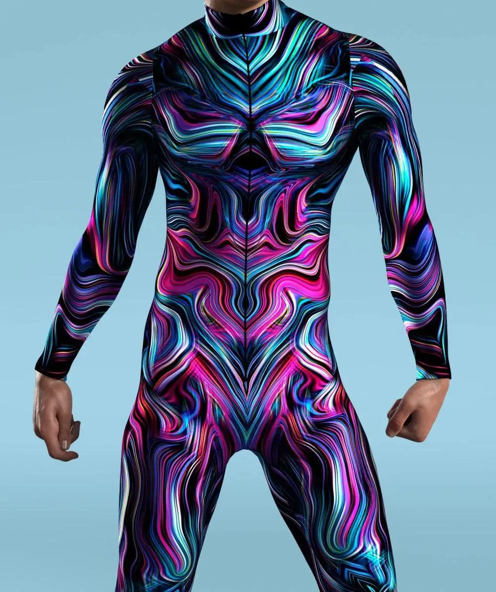 Neuer bunter Zentai-Bodysuit für Herren mit Reißverschluss vorne, Karnevalskostüm, Festival-Outfit, Daumenärmel, Cosplay-Kostüm – Detail 9