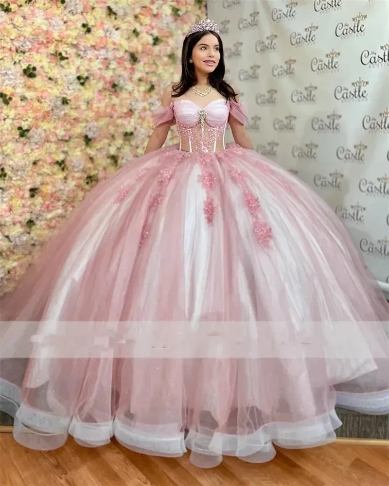 Vestido de baile de quinceañera con purpurina rosa, Vestido sin hombros, cristal dulce 16, vestidos de fiesta de cumpleaños de princesa de 15 años