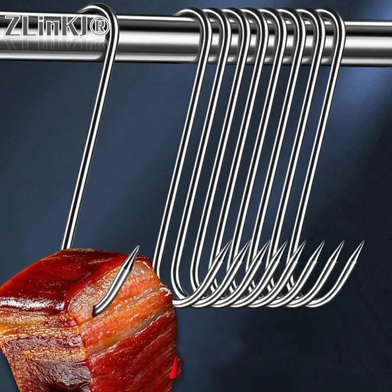 10Pcs Stainless Steel S Hooks with Sharp Tip Butcher Meat Hook Tool for Hot and Cold Smoking Sausage Grill Duck Hanging Hooks