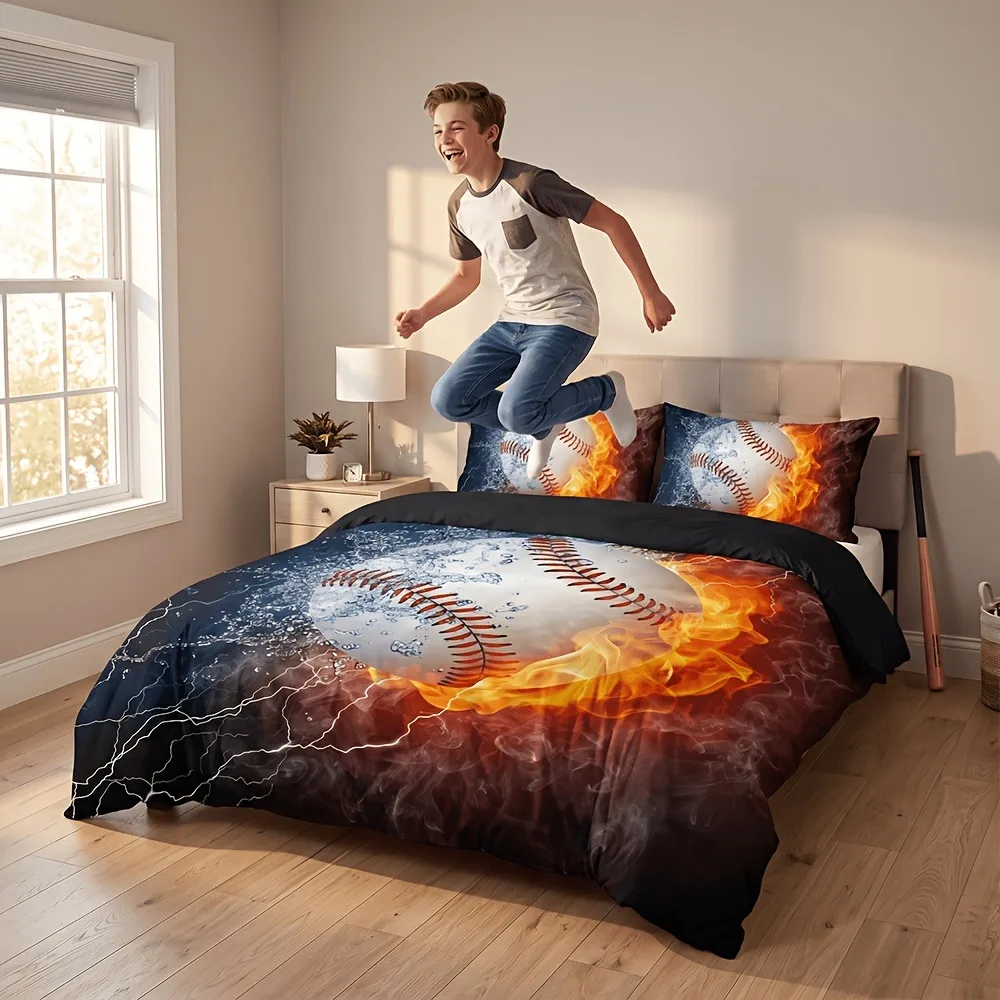 Baseball Duvet Cover Set | Fiery Splash Lightning Graphic Bedding for Teen Boys (1 Duvet, 2 Shams)