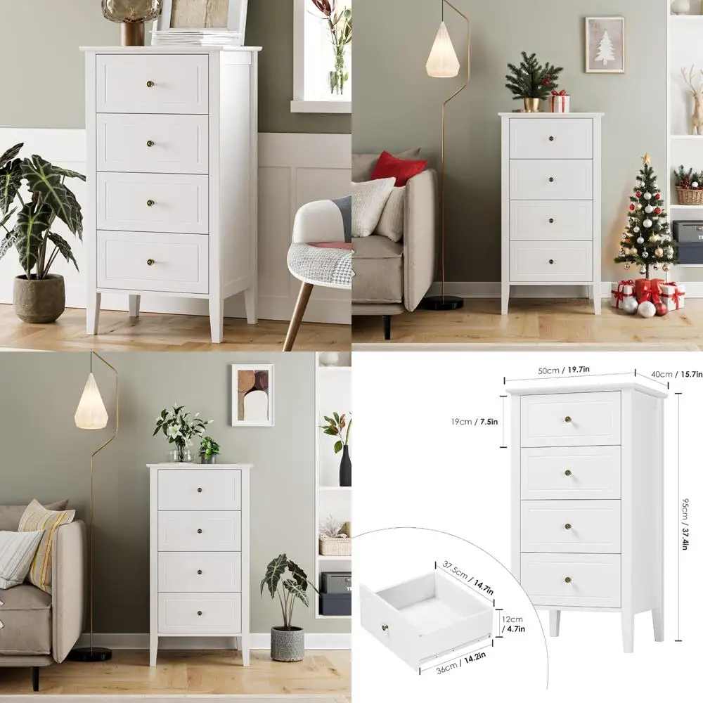 

4-Drawer Antique-Style White Dresser with Solid Wood Frame for Living Room Storage