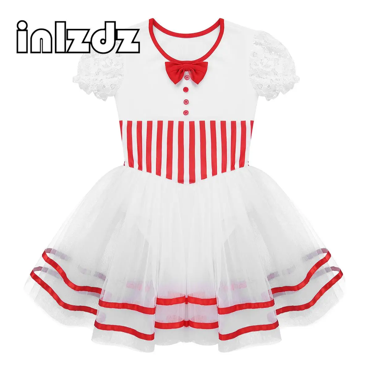 

Kids Girls Bow Striped Christmas Dance Dress Costume Lace Puff Short Sleeves Figure Ice Skating Dress Party New Year Dancewear