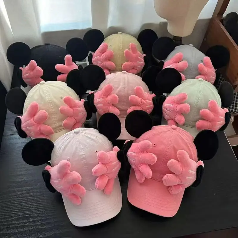 Roze schattige Mickey kleine hand honkbalhoed vrouwelijke cartoon creatieve gezichtsshow kleine eend tong hoed reizen zonnebrandcrème hoed meisje cadeau