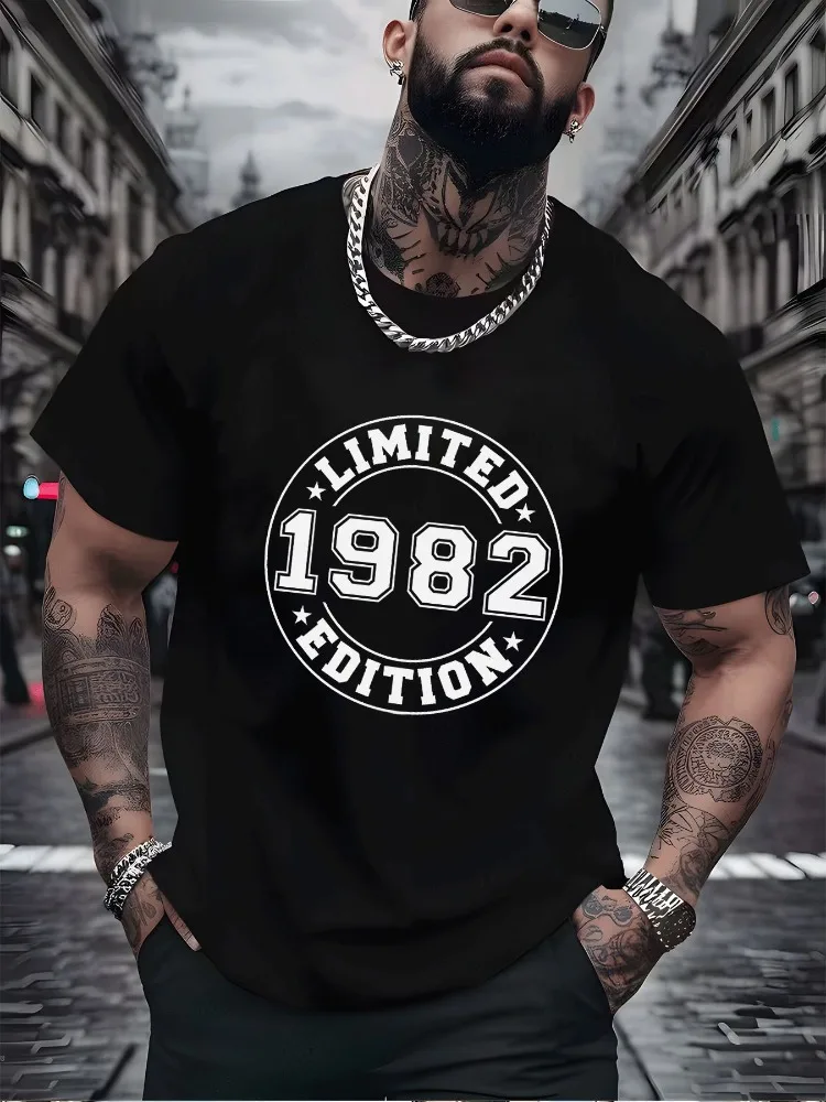 Men Summer Black Short Sleeve Tee Limited 1982 Edition Graphic Print Crew Neck Hip Hop Streetwear Loose Casual Male Daily Top