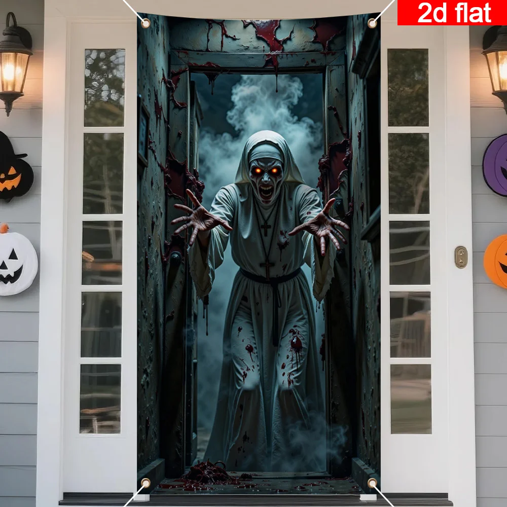 لافتة باب ثنائية الأبعاد، قطعة واحدة من زينة باب الهالوين الكبيرة - لافتة رعب راهبة التهديد وتصميم قوطي ملون بالدم #1
