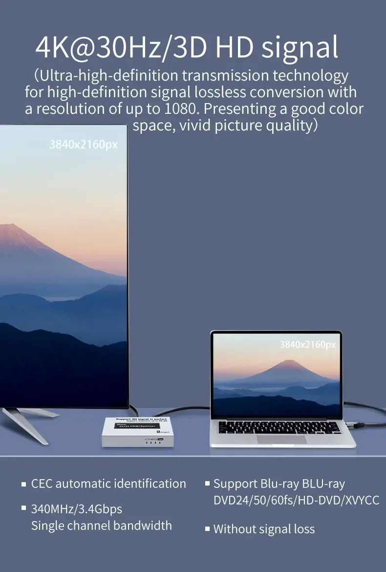 الجملة 5V 1A HDMI الفاصل دعم 3D 4K 30 هرتز 1 في 2 خارج HDMI الفاصل 2 منافذ