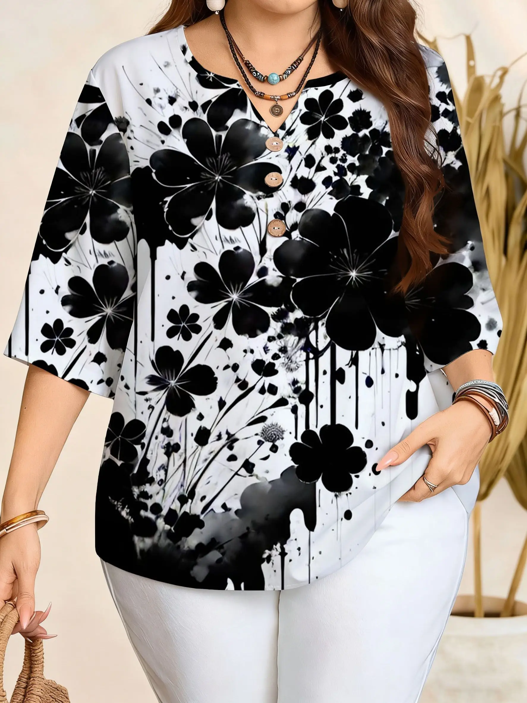 Plus Size Notch V Neck Blouse 3 Decorative Buttons 3/4 Sleeve Vintage Botanical Floral Print Loose Casual Women Summer Top