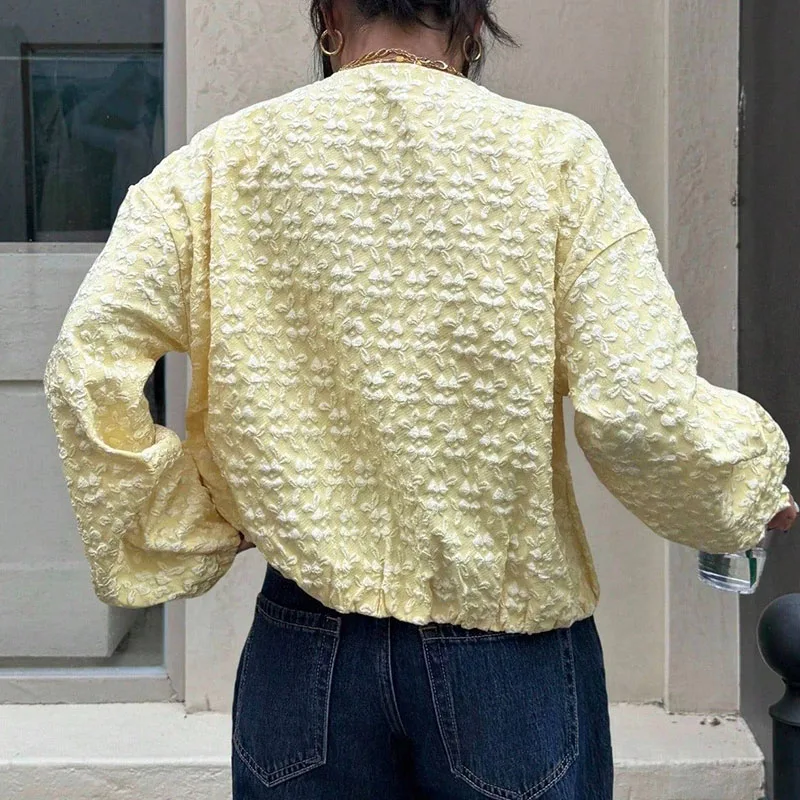 秋のファッション O ネックジャカードジャケット冬エレガントなハイトストリートルーズショートコート女性のカジュアル長袖ジッパーカーディガン