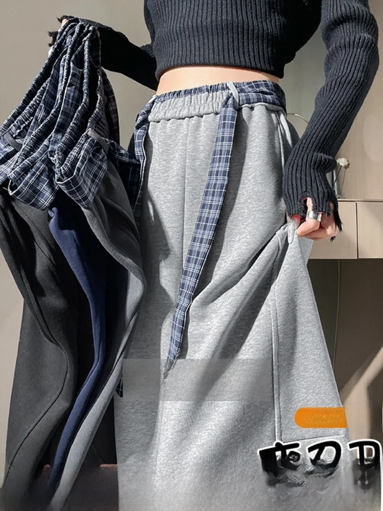 Ladies High Waist Straight Leg Knife Pants Korean Sle Spor Wide Leg Pants with Plaid Belt Casual Trousers for Women