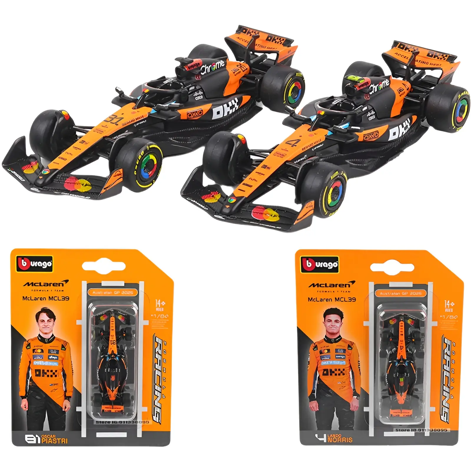 Bburago 1:64 McLaren F1 2025 MCL39 # 4 Lando Norris # 81 Oscar Piastri modelo de carro série brinquedos de presente de Natal para crianças
