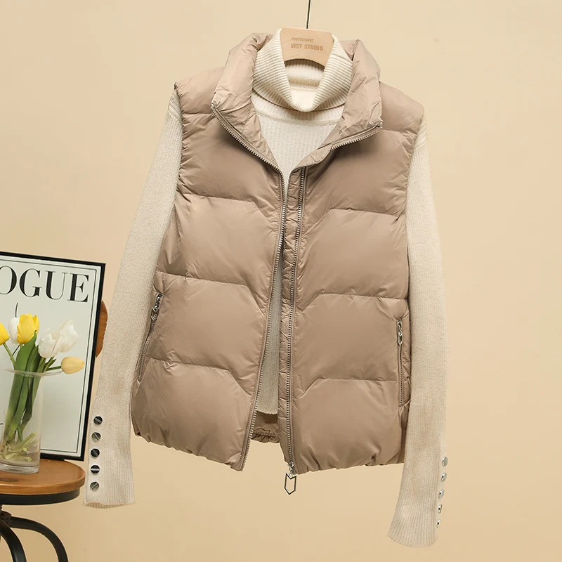 

Женский пуховый жилет с воротником-стойкой, белый, из натурального пуха, повседневный, осенне-зимний, теплый, модная верхняя одежда