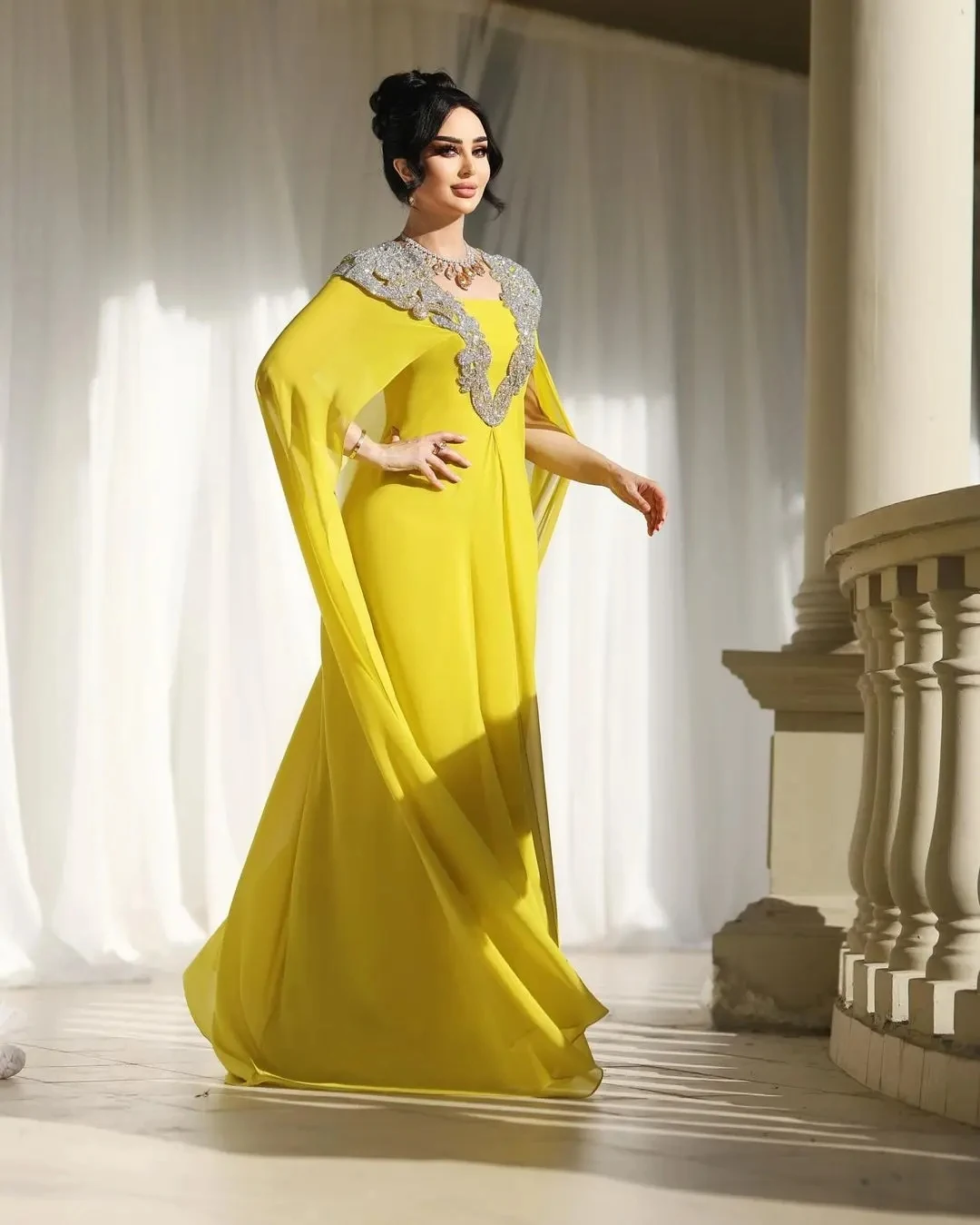 Jirocum personnalisé manches longues perlées robes de soirée en mousseline de soie col carré dos nu longueur de plancher robes de soirée robe de bal formelle