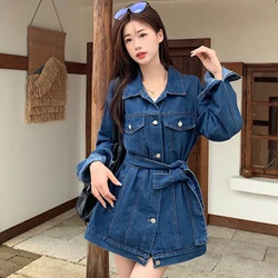 GIDYQ Vintage Denim Jacket Women Korean Loose Sash Tie Up Mid Length BF Denim Coat Y2k High Street Casual Chic Tops Autumn New