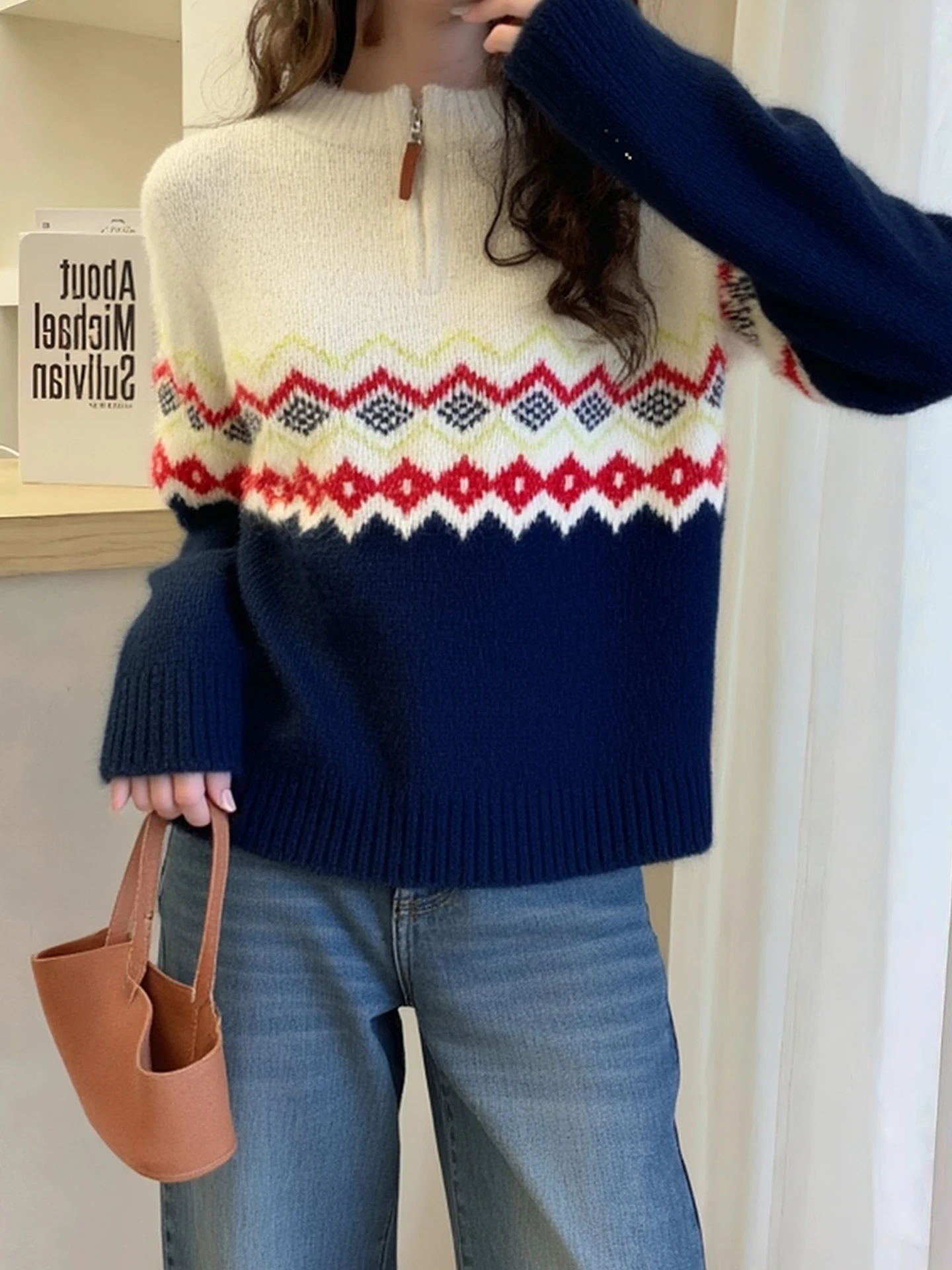 

Autumn Winter Women's Loose Fit f Zip Knit Sweater Color Blo Tonal Island Sle Versatile Lazy Sle Long Sve Top