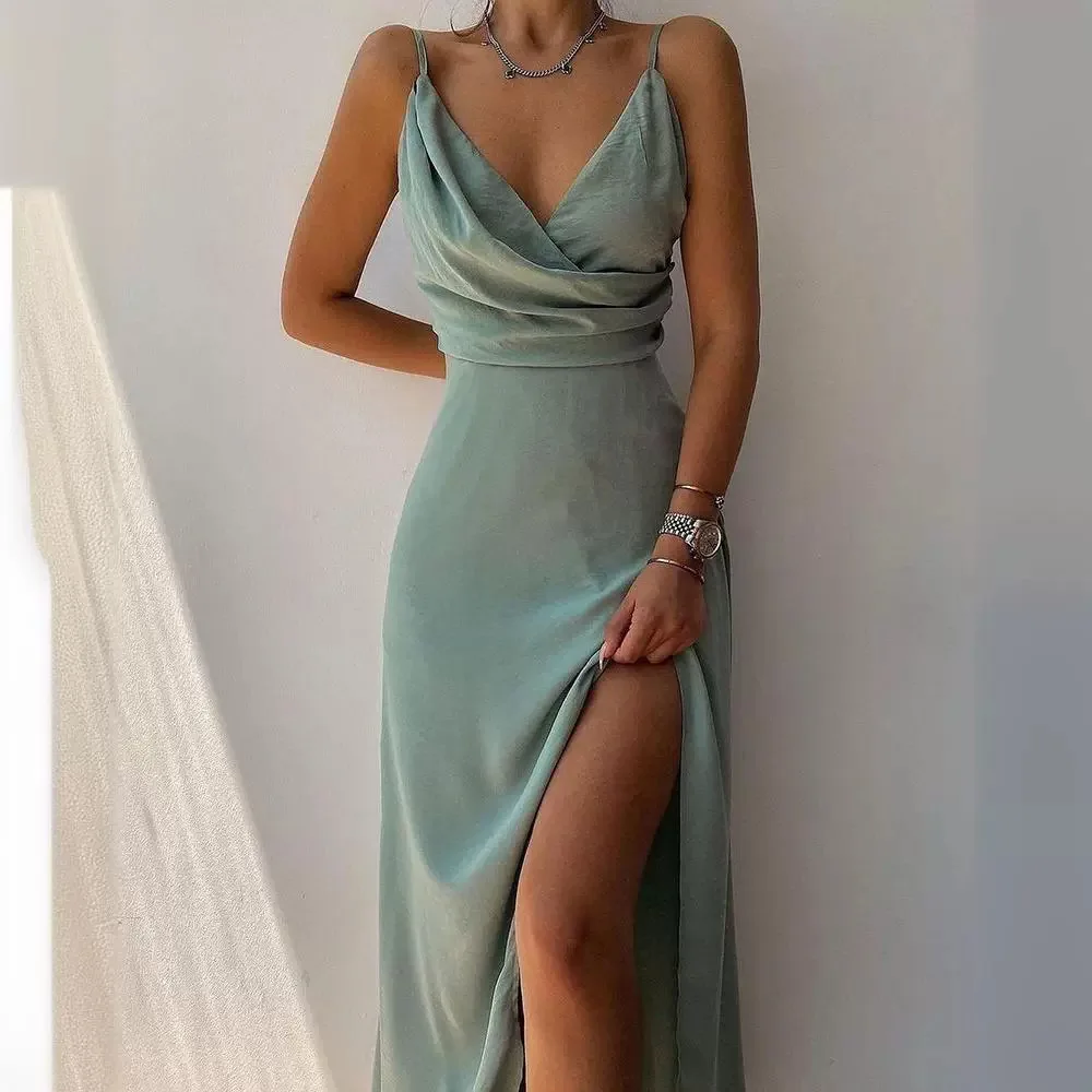 Seductive Dress Plunging V-Neck Camisole Dresses Sleeveless Split Mid-Length Dress Figure Flattering Bodycon Dresses.