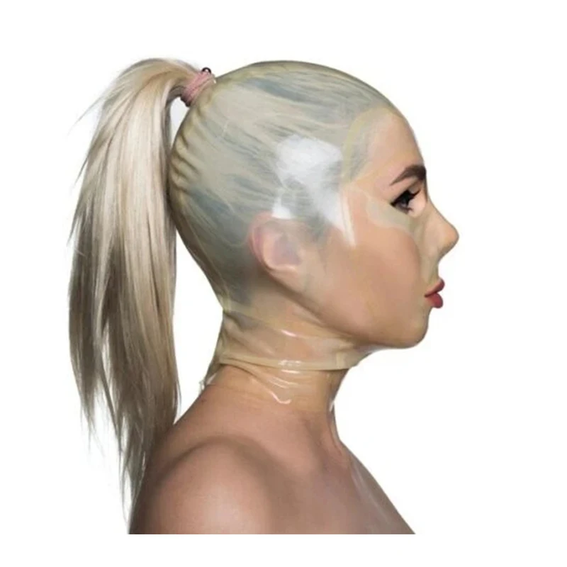 Capucha de látex transparente para mujer, máscara de goma de cabeza completa con agujero en la cola de caballo, ropa de fiesta con cremallera en la espalda, Sexy, fetiche, sin pelo