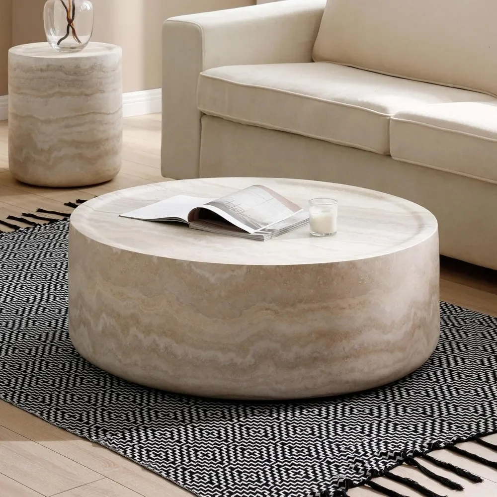 Round Faux Marble Coffee Table ,Travertine Textured Tables Fiberglass Center Side Tables for Living Room Office, Coffee Table