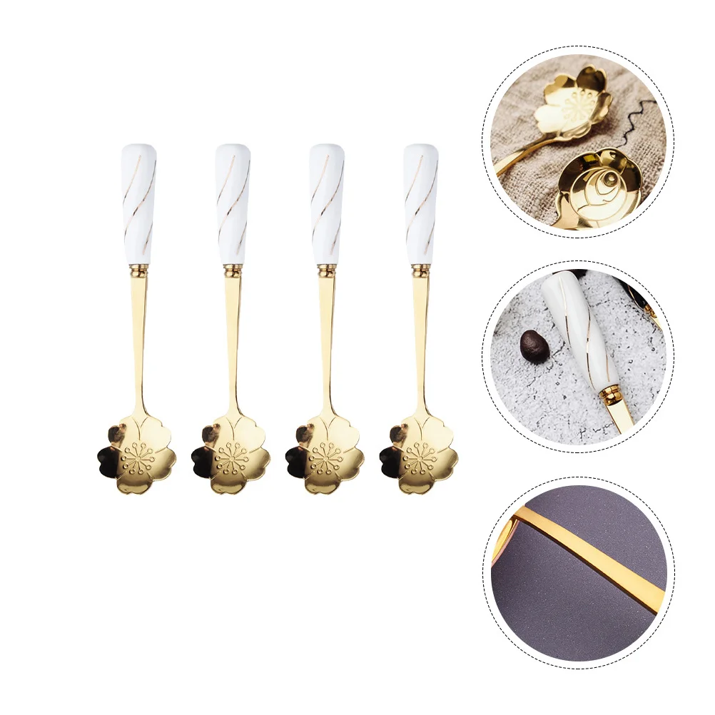 

4Pcs Ceramic Handle Flower Spoon Coffee Ice Cream Dessert Scoop Multipurpose Kitchen Utensil Multipurpose Cake Spoon
