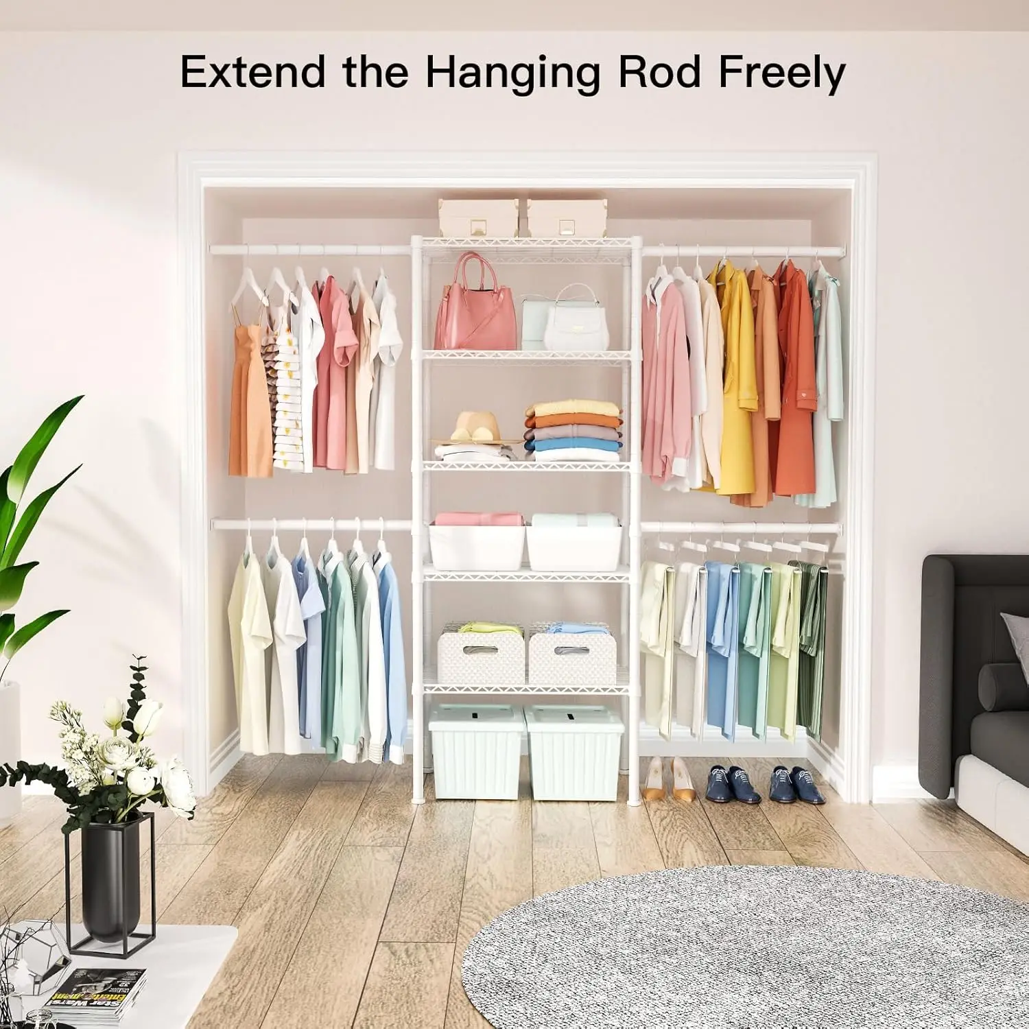 Closet Organizer System, 5.9 Feet Height Mounted to the Wall Garment Rack with 4 Expandable Hanger Rods, 5 Shelves in 23.6