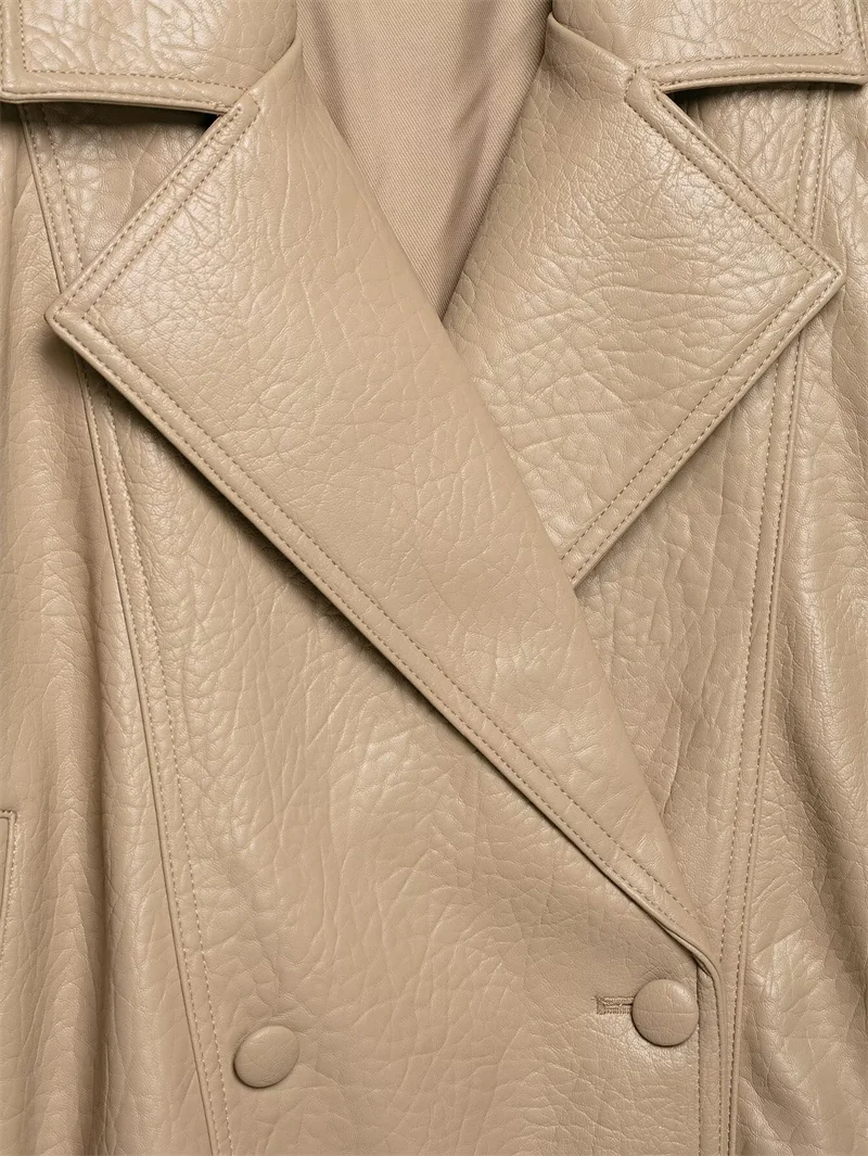 Guobioziy 2026 Fall/Winter New Women's Jacket Khaki Long-Sleeve Faux Leather Loose-Fit Parka Motorcycle Stylish Casual