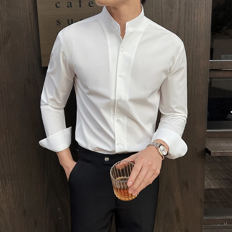 

Business Dress white Shirt for Men 2025 British style Long Sleeved Solid Color Casual Elastic Slim Fit Shirt for Men's Clothing