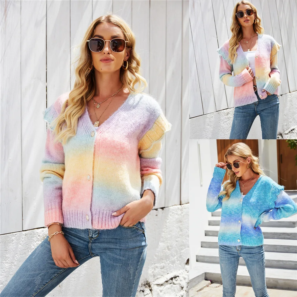 

2026 new women's sweater rainbow tie dye cardigan knitted plus size black fungus edge sweater jacket