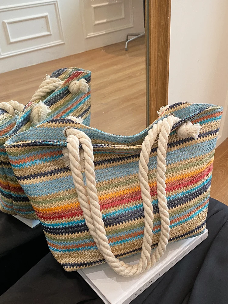 

Ретро Sle Большая сумка-тоут Capaci St Woven Tote Bag Повседневная летняя пляжная сумка Vaion Мягкая сумка ape Youth XXX