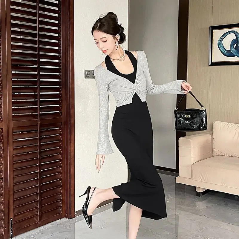 Autumn 2PCS Sexy Halter Backless Dress Twisted Sunscreen Shirt for Women Korean Slim Fit and Slimming Temperament Elegant Dress