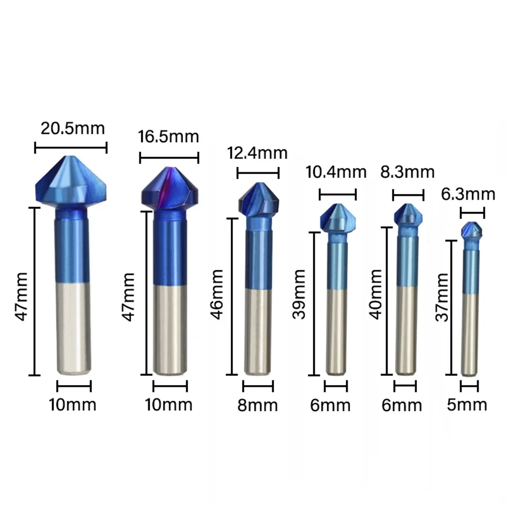 6pcs 6.3-20.5mm 90Degrees HSS Chamfer Drill Bit 3 Flutes Countersink   Nano Blue Coated  Cutter