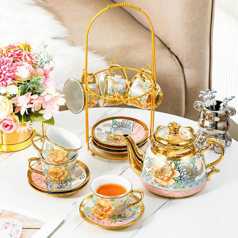 

14 Piece Set Household European Tea Set Ceramic Coffee Cup Set Flower Tea English Afternoon Tea Floral Coffee Pot Cup and Saucer