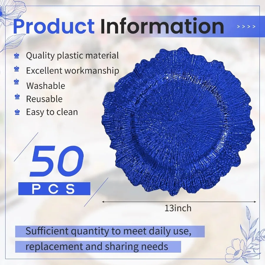 50 قطعة أطباق الشاحن الأزرق الملكي السائبة 13 "شواحن لوحة الشعاب المرجانية لتناول العشاء البلاستيك الأزهار أطباق الزخرفية لإعداد الطاولة الأربعاء #2