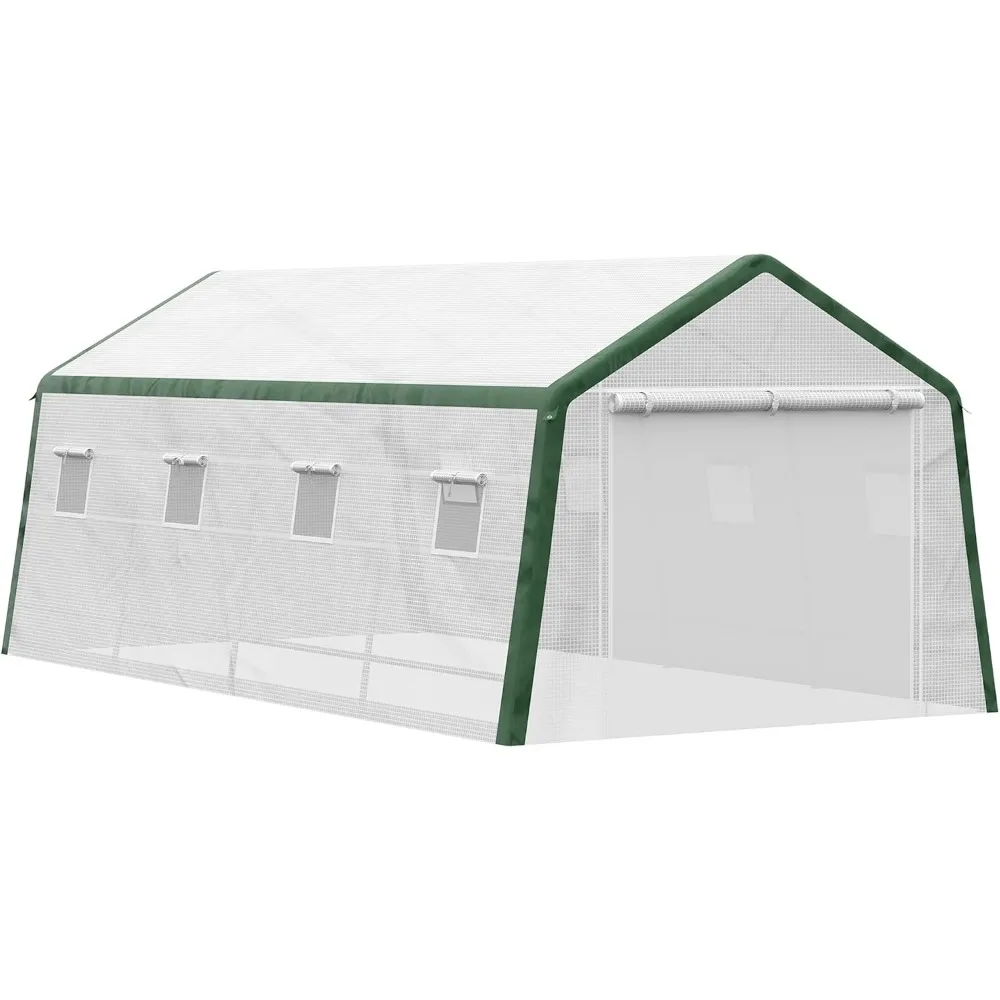 19.7'x10'x8'Outdoor Walk-in Greenhouse, Hot House with Mesh Windows,Zippered Door, PE Cover, Heavy Duty Steel Frame, White