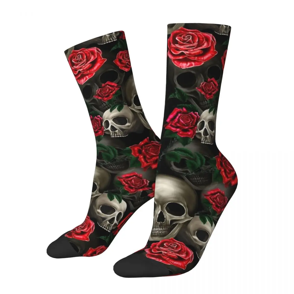 Funny Skulls And Red Roses Basketball Socks Polyester Long Socks for Unisex Sweat Absorbing