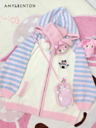 Japanese Cute Cartoon Embroidered Hooded Knitted Cardigan Women Autumn Winter New Sweet Kawaii Striped Zipper Oversized Cardigan