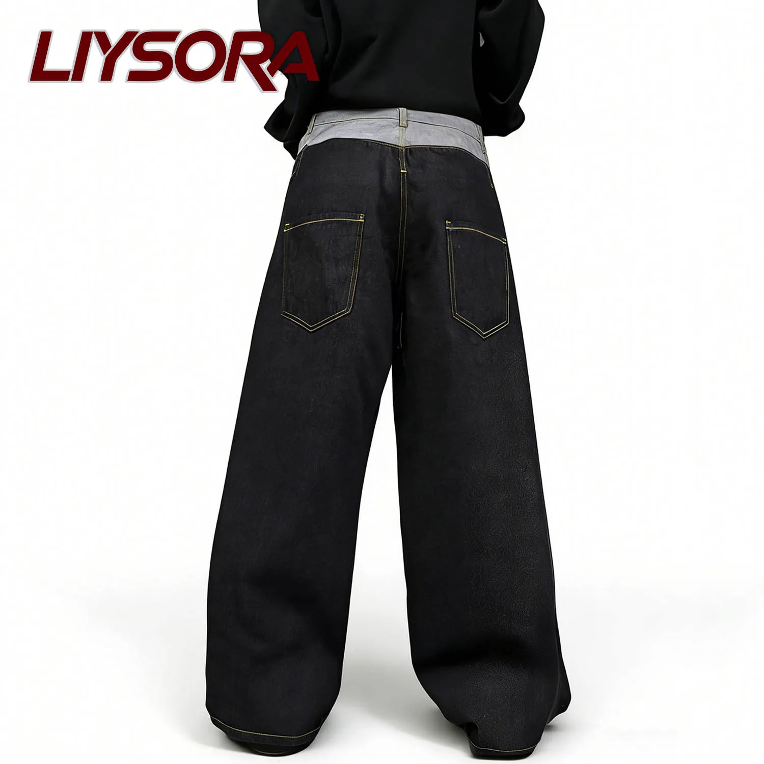 جينز رجالي أسود بتصميم عتيق بخصر مزدوج فضفاض وواسع الساق بتصميم الشارع من قماش الدنيم ملابس جينز فضفاضة واسعة الساق للجنسين #6