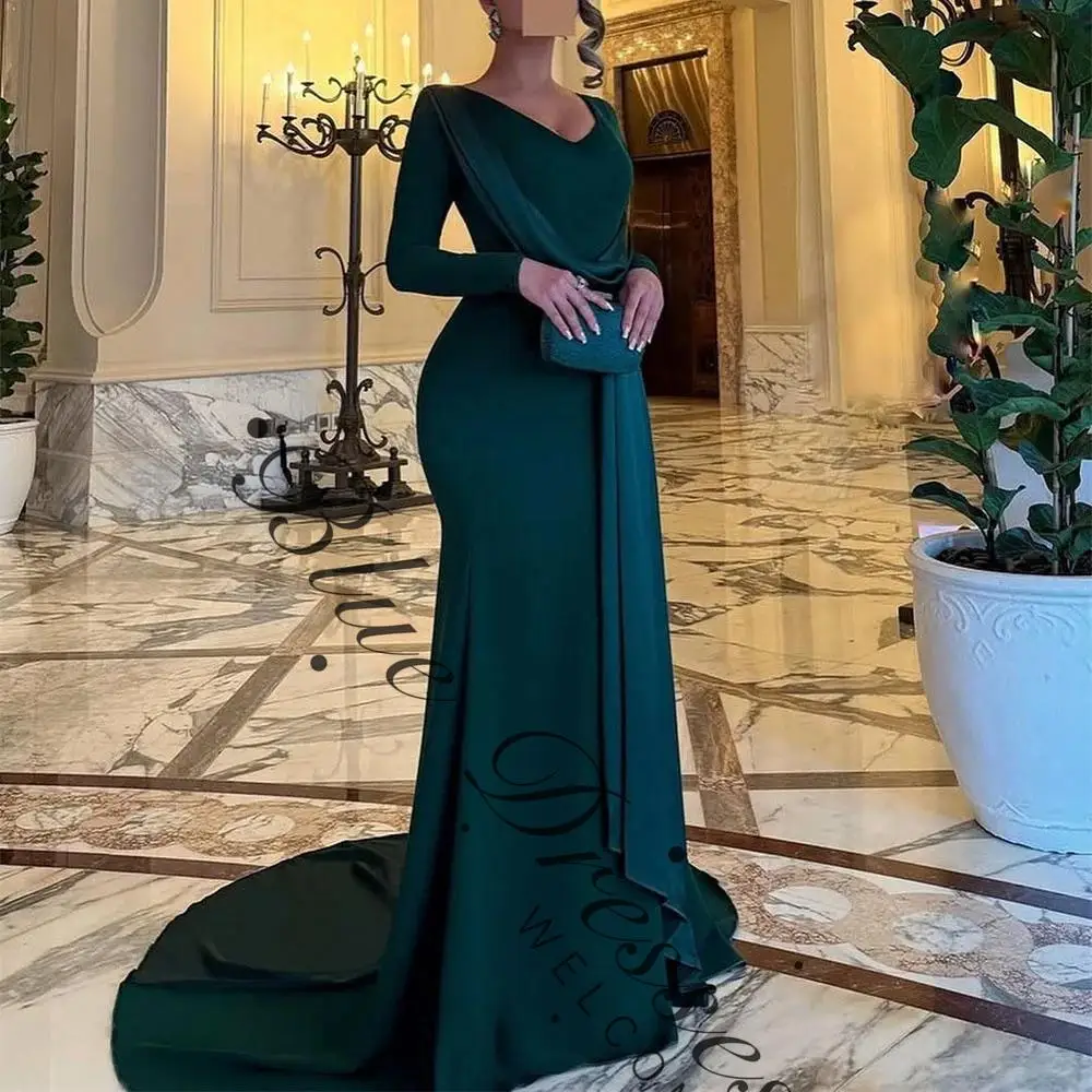 

customized Pleat Simple Long Sleeve Elegant Mermaid Evening Dress Floor Length Classic Formal Prom Gown New