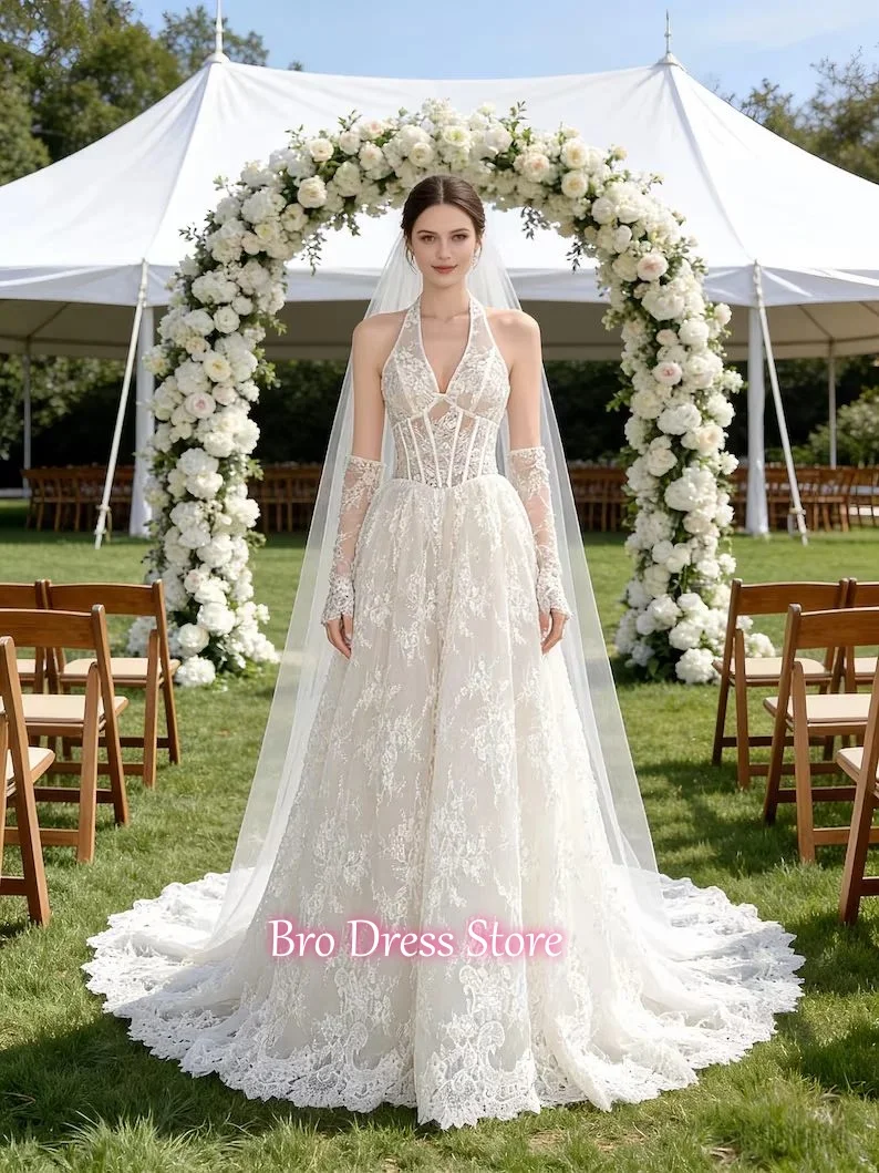 Luxury Lace A Line Decal Wedding Dresses For Bride Sexy Halter Neck Bodice Long Sleeve Boho Bridal Gown With Train Customized